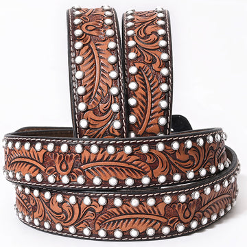 BAR H EQUINE Floral Leaf White Crystal Hand Carved Western Leather Men And Women Belt Brown